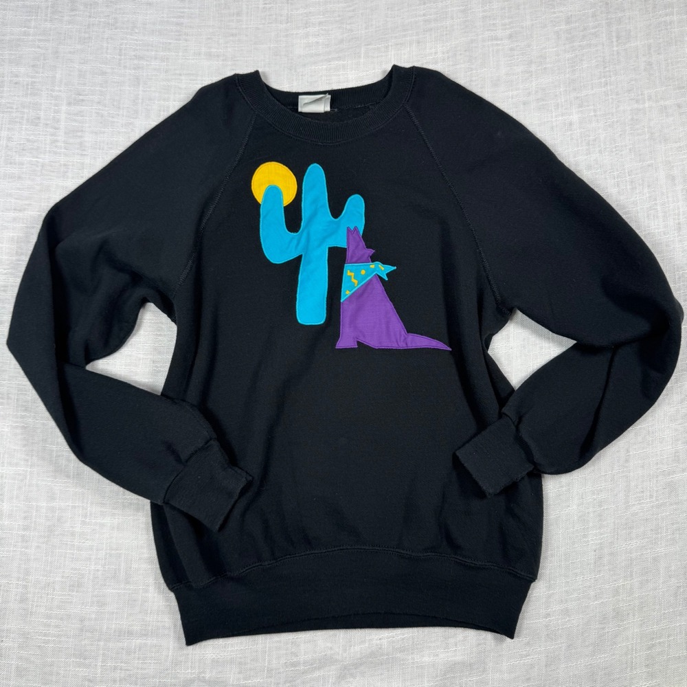 VTG Lee Southwest L Black Sweatshirt Cactus Coyote Moon Crewneck USA Retro Artsy